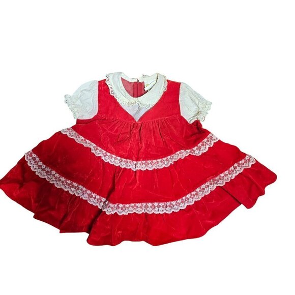 VTG Sears Winnie the Pooh Rayon Tiered Ruffle Lace Dress Party Velvet Red Size L - Picture 1 of 9